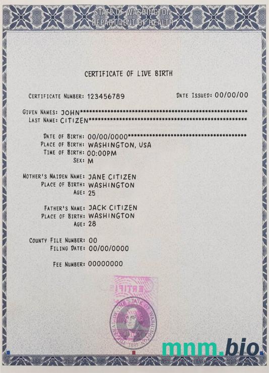 Washington certyfikat of live narodziny